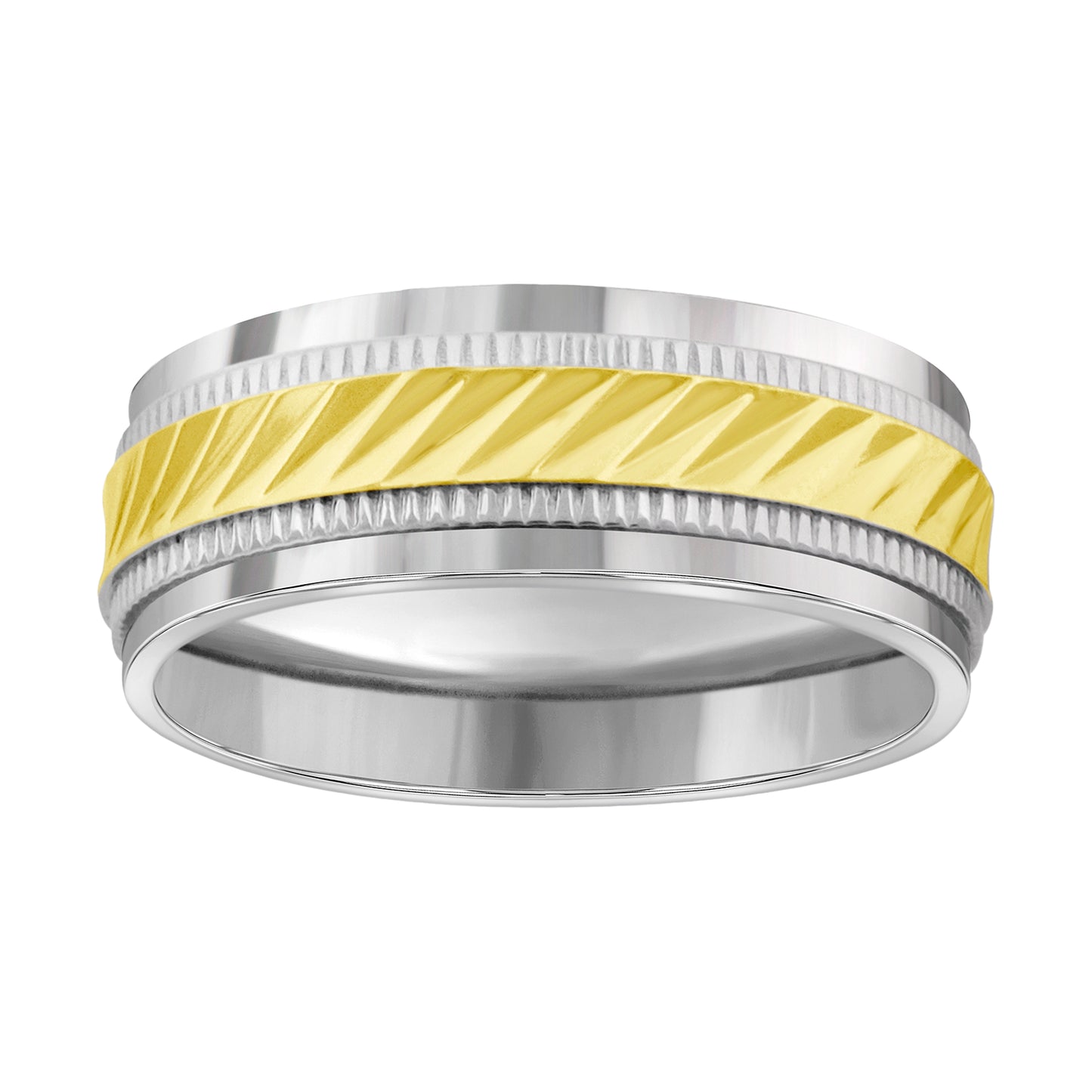 Stainless Steel Mens Two-Tone Grooved Milgrain Sizes 7 - 14 Comfort-Fit Fashion Bridal Anniversary Wedding Engagement Band Ring