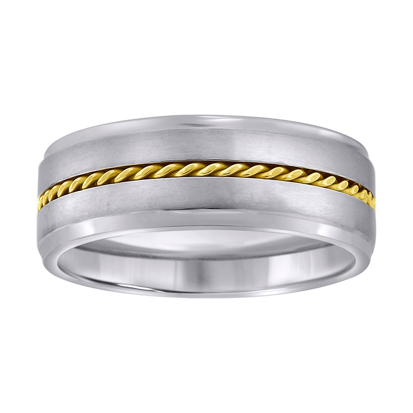 Stainless Steel Mens Two-Tone Rope Lined Center Brushed Sides Step Edges Comfort-Fit Band
