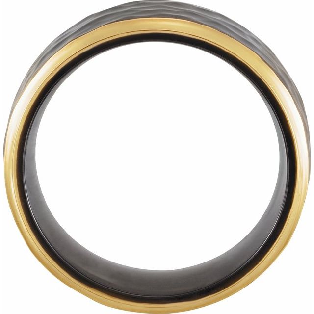 18K Yellow Gold PVD Black Titanium 8 Mm Polished Comfort-Fit Flat Band With Hammer Finish Size 8.5