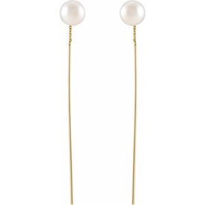 14K Yellow Gold 59 X 1 Mm Pair Backless Polished White Freshwater Cultured Pearl Threader Earrings