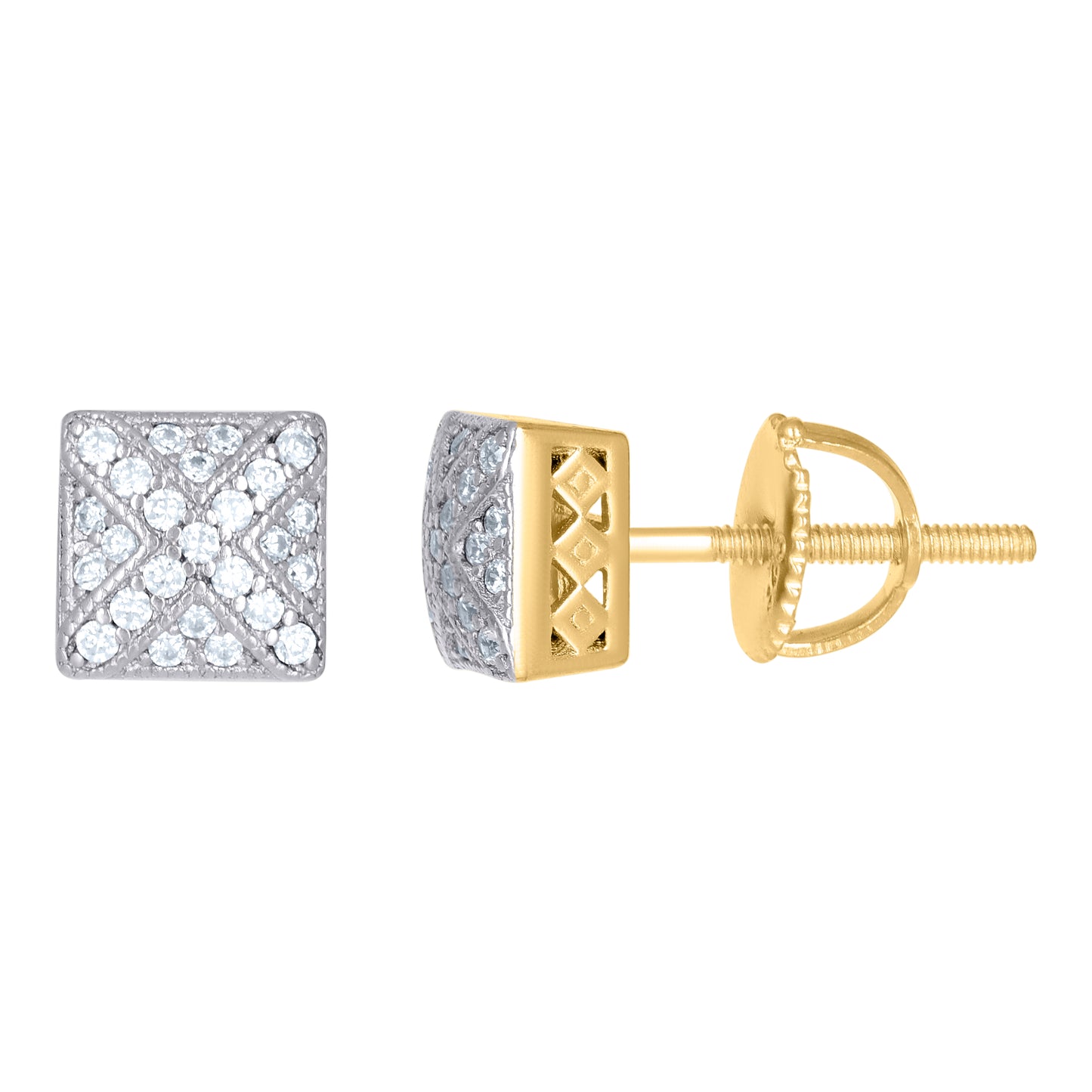 Sterling Silver Or Yellow-Tone Unisex Cubic-Zirconia Square Fashion Stud Earrings