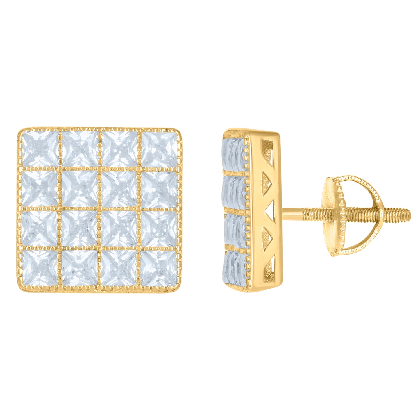 Sterling Silver Or Yellow-Tone Mens Womens Unisex Princess Cubic Zirconia Stud Cluster Square Fashion Earrings