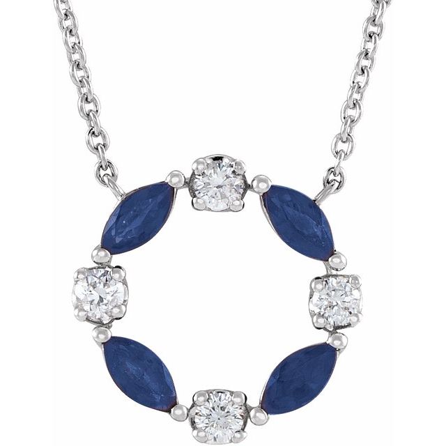 14K White Gold Marquise 4 X 2Mm I1, H-I 18 In Polished Natural Blue Sapphire And 1/10 Ctw Natural Diamond Necklace