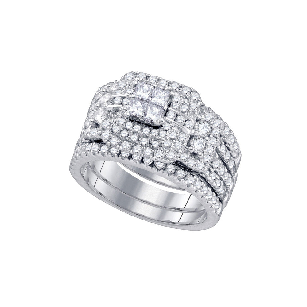 14K White Gold Diamond Cluster Wedding Bridal Ring Set 2 Cttw, Womens Size: 5-10