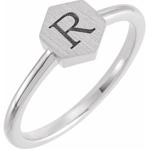 14K White Gold Hexagon 9.5 X 8 Mm Brush Polished Signet Ring Size 7