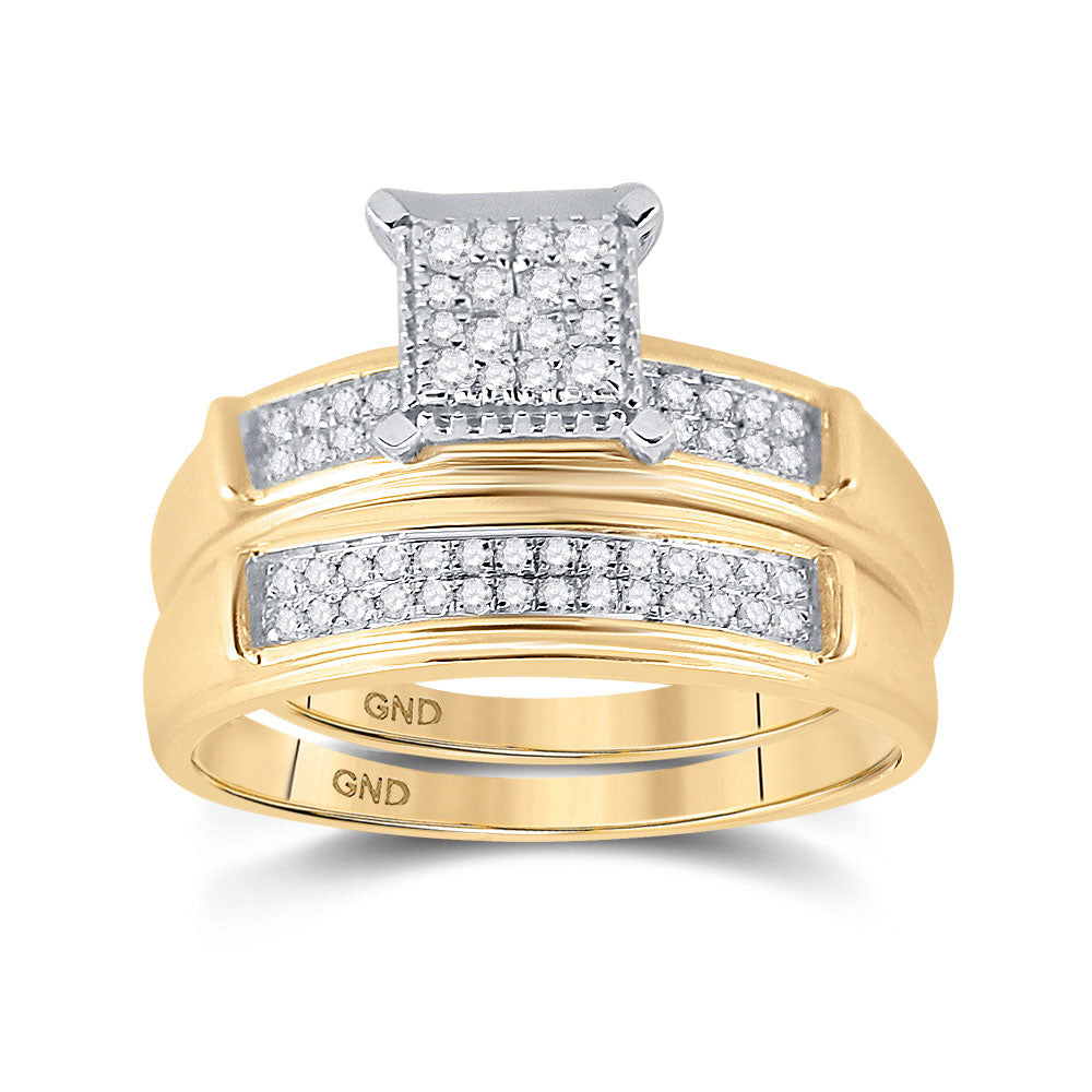 10K Yellow Gold His Hers Round Diamond Square Matching Wedding Set 3/8 Cttw, Womens Size: 5-10, Mens Size: 7-13