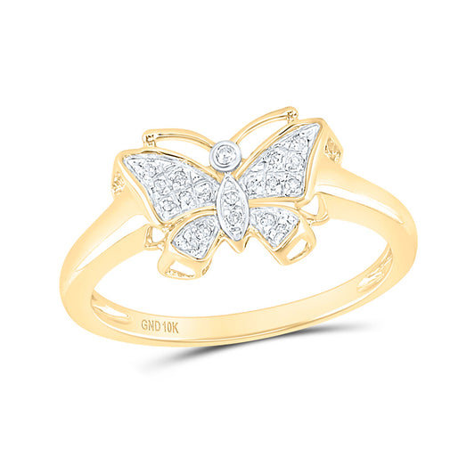10K Yellow Gold Womens Round Diamond Butterfly Ring 1/20 Cttw, Womens Size: 5-10