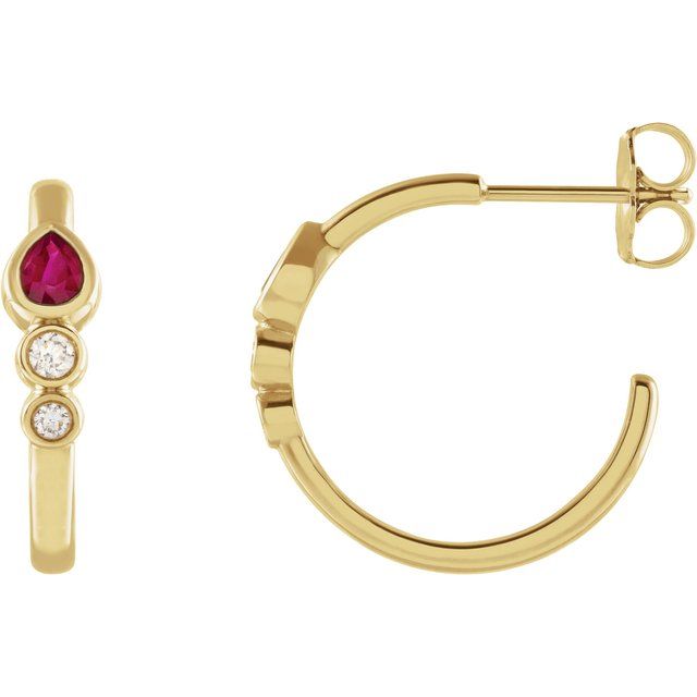 14K Yellow Gold Pear 4 X 3 Mm Friction Backs Polished Natural Ruby And 1/10 Ctw Natural Diamond Bezel-Set Hoop Earrings