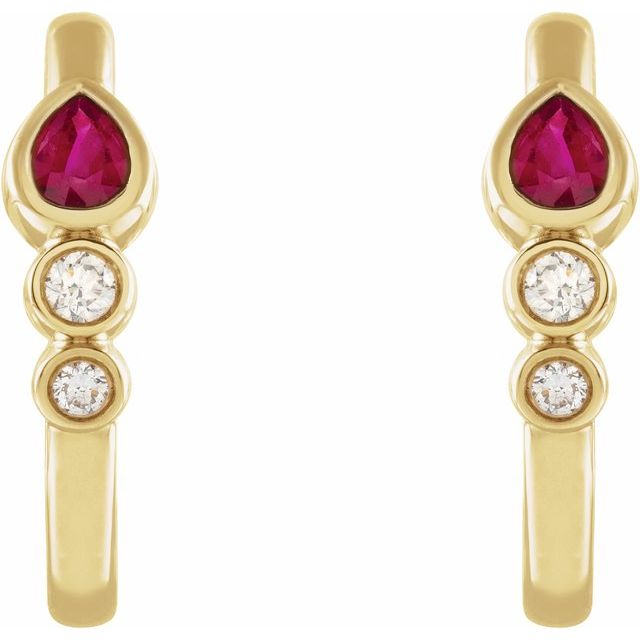 14K Yellow Gold Pear 4 X 3 Mm Friction Backs Polished Natural Ruby And 1/10 Ctw Natural Diamond Bezel-Set Hoop Earrings