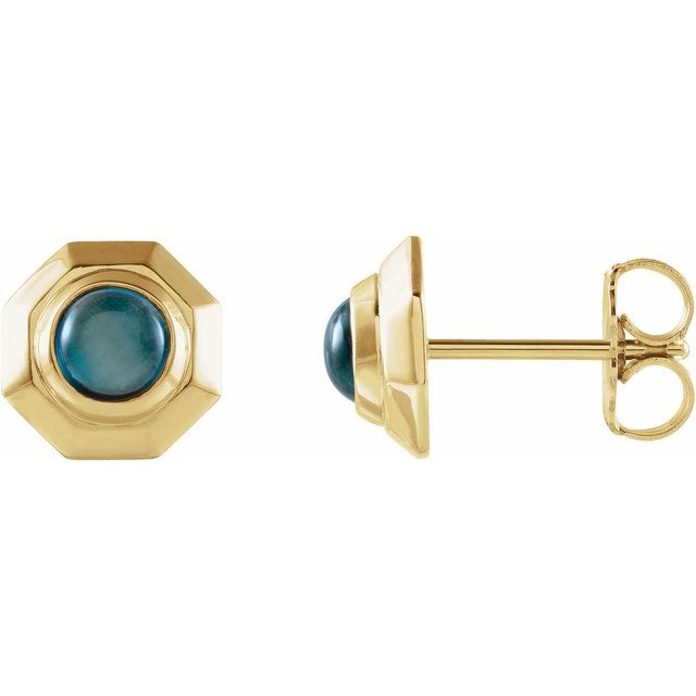 14K Yellow Gold 4 Mm Round Friction Back Polished Natural London Blue Topaz Cabochon Stud Earrings