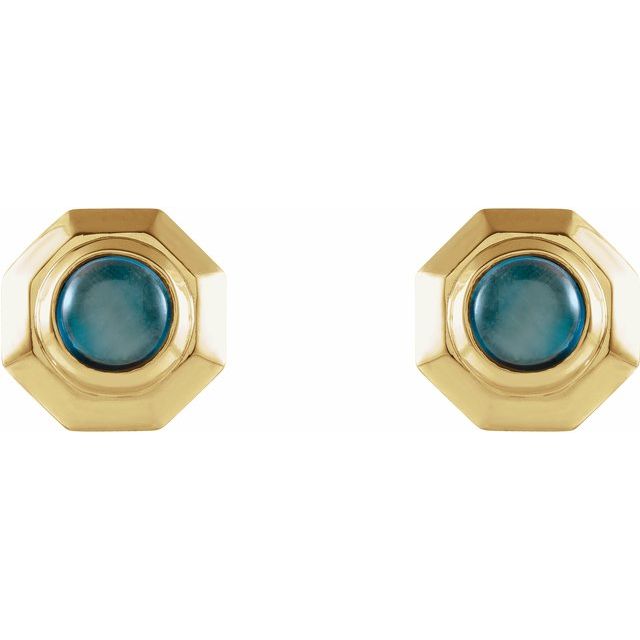 14K Yellow Gold 4 Mm Round Friction Back Polished Natural London Blue Topaz Cabochon Stud Earrings