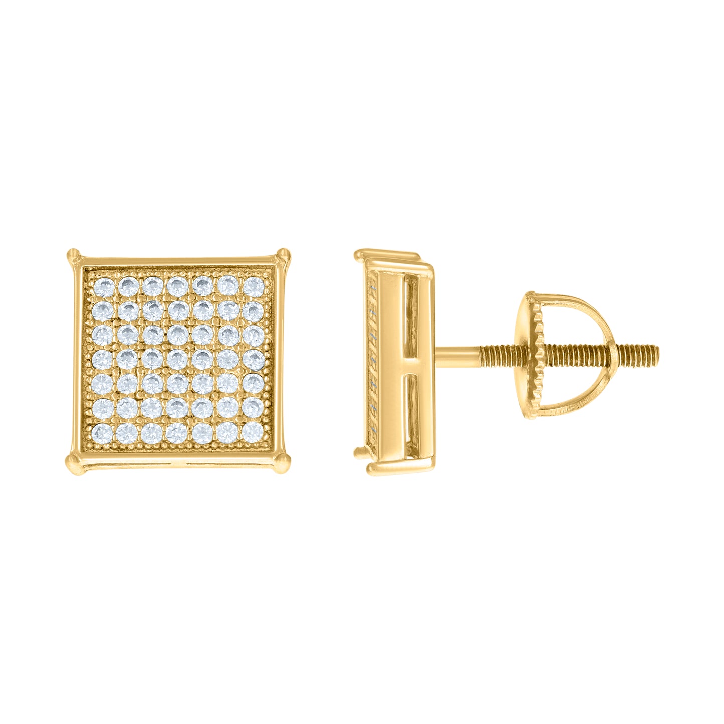 Sterling Silver Or Yellow-Tone Unisex Cubic-Zirconia Square Fashion Stud Earrings
