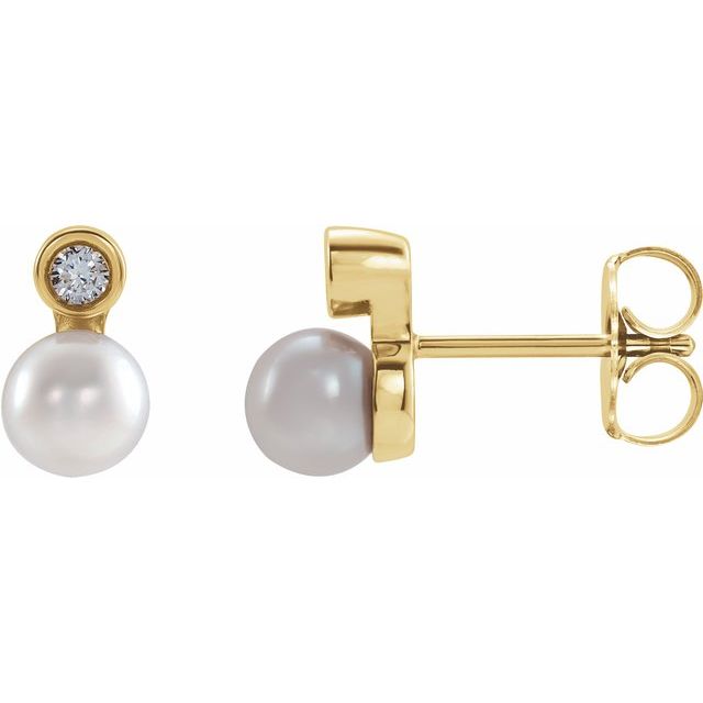 14K Yellow Or White Gold 4 Mm Friction Backs Polished Cultured White Akoya Pearl And .03 Ctw Natural Diamond Bezel-Set Earrings