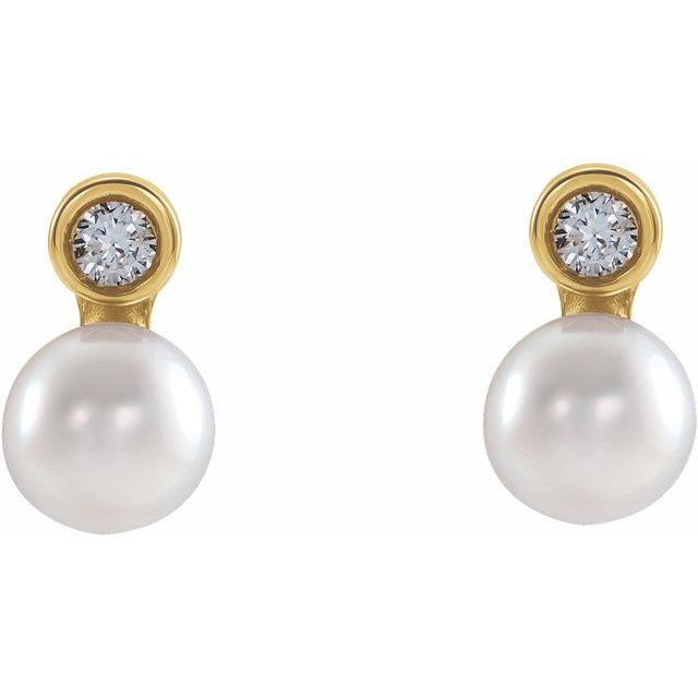 14K Yellow Or White Gold 4 Mm Friction Backs Polished Cultured White Akoya Pearl And .03 Ctw Natural Diamond Bezel-Set Earrings