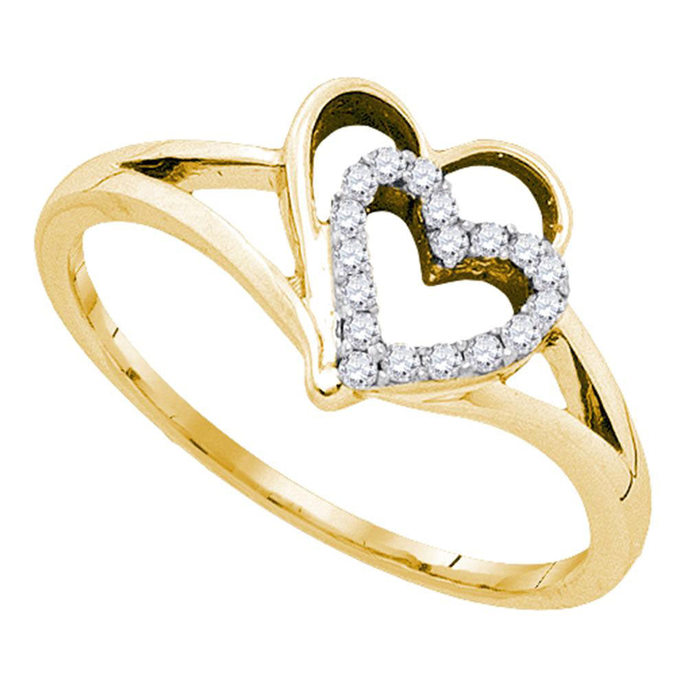 10K Yellow Gold Womens Round Diamond Double Nested Heart Ring 1/8 Cttw, Womens Size: 5-10