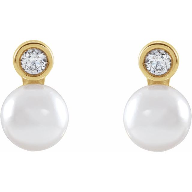 14K Yellow Gold 6 Mm Friction Backs Polished Cultured White Akoya Pearl And 1/8 Ctw Natural Diamond Bezel-Set Earrings