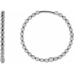 14K White Gold Pair Beaded Hoop Earrings, Length: 20 Mm, Thickness: 1.55 Mm