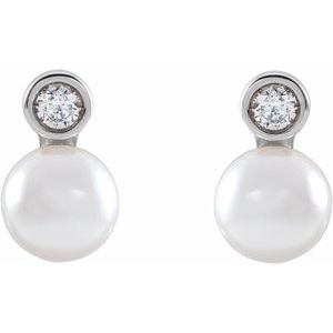 Sterling Silver Pearl 5 Mm White Akoya Pearl And .06 Ctw Natural Diamond Bezel-Set Earrings