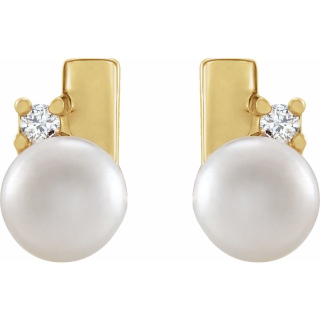 14K Yellow Gold Pair 4Mm I1, G-H Friction Polished Cultured White Akoya Pearl And .03 Ctw Natural Diamond Geometric Earrings