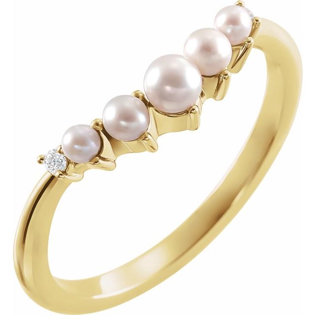 14K Yellow Gold 3 Mm Polished Cultured White Seed Pearl And .03 Ctw Natural Diamond Contour Band, Size 7