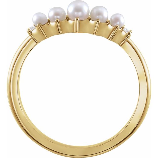14K Yellow Gold 3 Mm Polished Cultured White Seed Pearl And .03 Ctw Natural Diamond Contour Band, Size 7