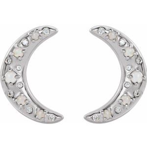 Platinum Round Natural White Opal And 1/8 Ctw Natural Diamond Cabochon Crescent Moon Earrings