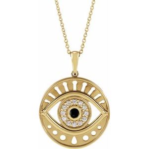 14K Yellow Gold Round 3Mm G-H I1 Natural Black Onyx And 1/6 Ctw Natural Diamond Evil Eye Necklace, Length: 18 In