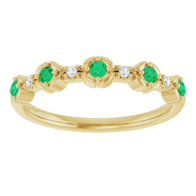 14K Yellow Gold Round 2 Mm Polished Natural Emerald And .04 Ctw Natural Diamond Stackable Ring, Size 7