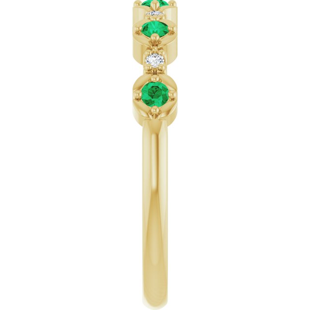 14K Yellow Gold Round 2 Mm Polished Natural Emerald And .04 Ctw Natural Diamond Stackable Ring, Size 7