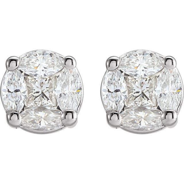 14K White Gold Square Friction Back Polished Natural Diamond Cluster Earrings With Backs