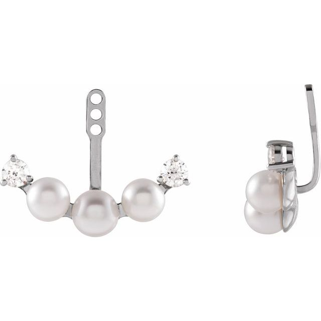 14K White Gold 4.5 Mm Polished Cultured White Akoya Pearl And 1/4 Ctw Natural Diamond Earring Jackets