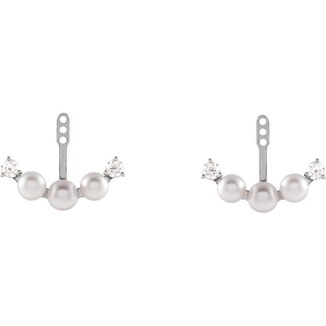 14K White Gold 4.5 Mm Polished Cultured White Akoya Pearl And 1/4 Ctw Natural Diamond Earring Jackets