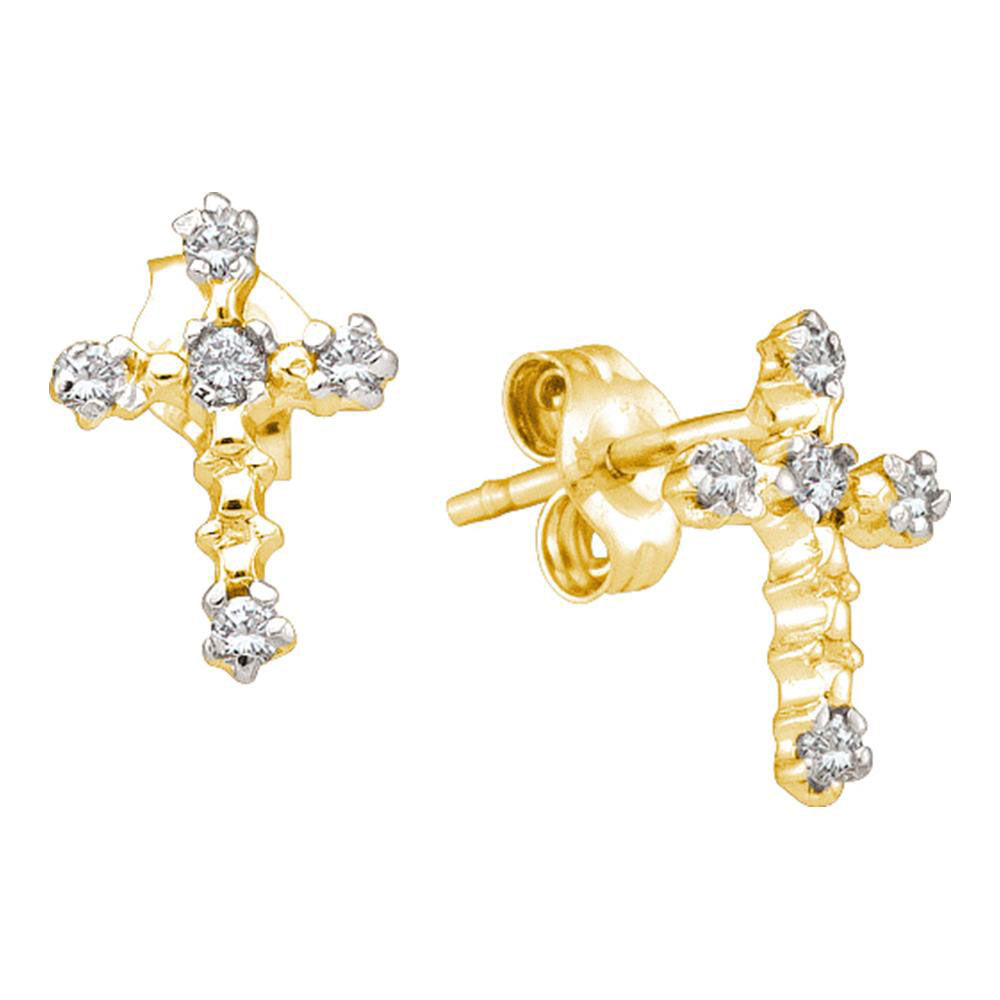 10K Yellow Gold Womens Round Diamond Cross Earrings 1/20 Cttw