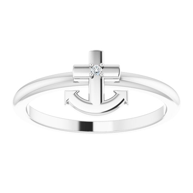 14K White Gold Round 1.3 Mm Polished .01 Ct Natural Diamond Cross And Anchor Ring, Size 7