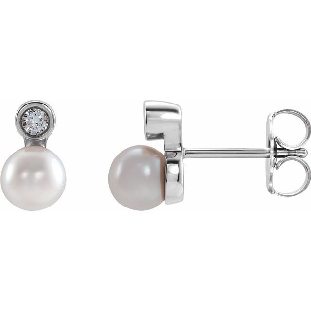 14K Yellow Or White Gold 4 Mm Friction Backs Polished Cultured White Akoya Pearl And .03 Ctw Natural Diamond Bezel-Set Earrings