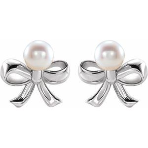 Sterling Silver Pearl 4 Mm White Akoya Pearl Bow Earrings