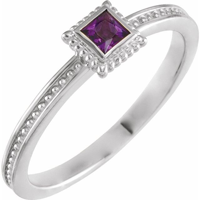 14K White Gold Square 3 X 3 Mm Polished Natural Amethyst Stackable Family Ring, Size 7