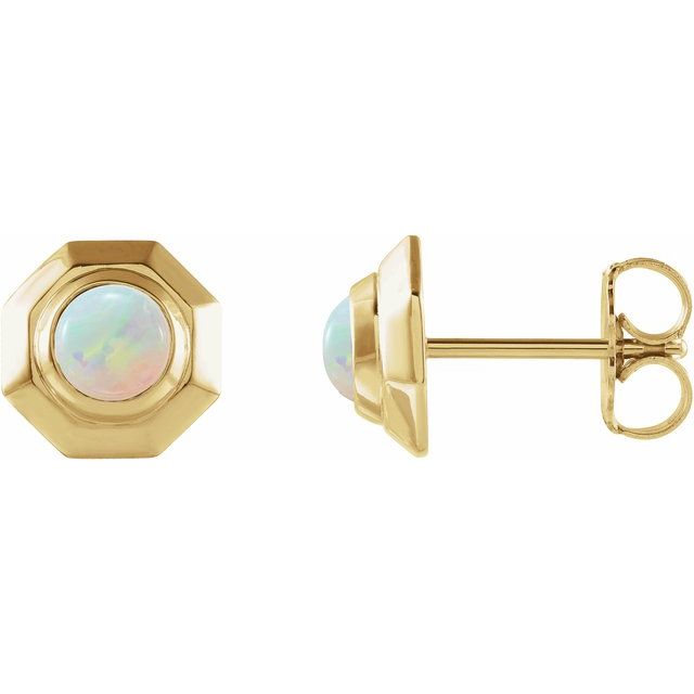 14K Yellow Gold 4 Mm Round Friction Back Polished Natural White Opal Cabochon Stud Earrings