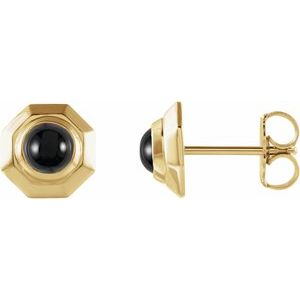 14K Yellow Gold Round 4 Mm Black Onyx Cabochon Stud Earrings