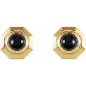 14K Yellow Gold Round 4 Mm Black Onyx Cabochon Stud Earrings