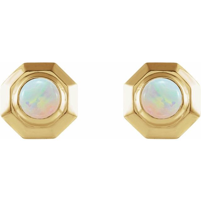 14K Yellow Gold 4 Mm Round Friction Back Polished Natural White Opal Cabochon Stud Earrings