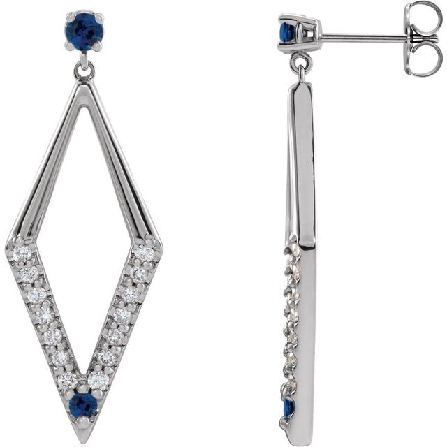 14K White Gold 3 Mm Round Friction Back Polished Natural Blue Sapphire And 3/8 Ctw Natural Diamond Geometric Dangle Earrings