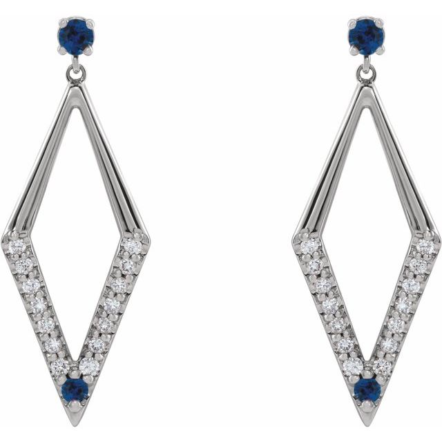 14K White Gold 3 Mm Round Friction Back Polished Natural Blue Sapphire And 3/8 Ctw Natural Diamond Geometric Dangle Earrings