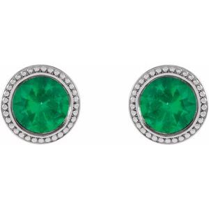 Platinum Round 5 Mm Lab-Grown Emerald Bezel-Set Earrings