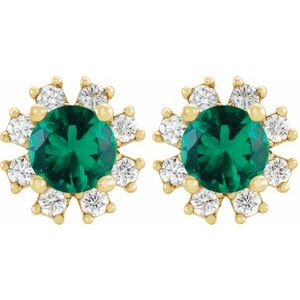 14K Yellow Gold Round 4 Mm Natural Emerald And .06 Ctw Natural Diamond Earrings