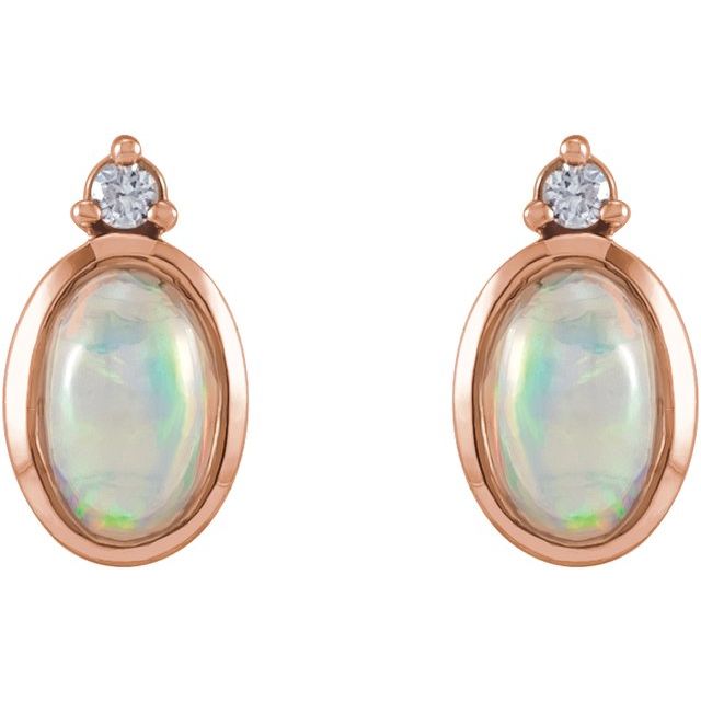14K Yellow Or White Or Rose Gold Oval 6 X 4 Mm Friction Back Polished Natural Ethiopian Opal And .03 Ctw Natural Diamond Bezel-Set Earrings