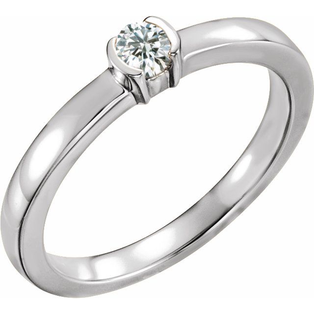 14K White Gold Round 3.5 Mm Polished 1/5 Ct Natural Diamond Stackable Family Ring, Size 7