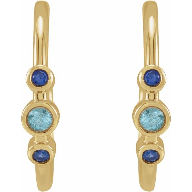 14K Yellow Gold 3 Mm Round Friction Back Polished Natural Blue Multi-Stone Bezel-Set Hoop Earrings