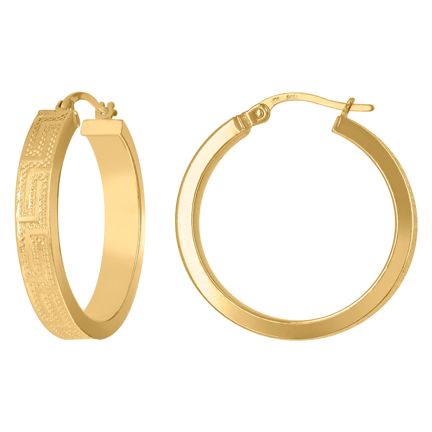 10K Yellow Gold Womens Greek Key Pattern Embossed Flat Tube Huggie Hoop Earrings