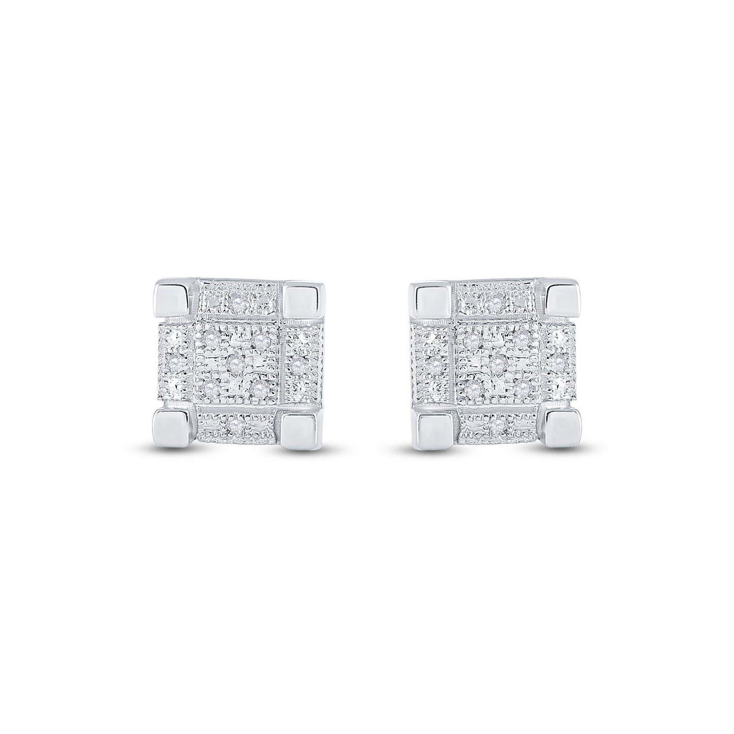 Sterling Silver Round Diamond 3D Cube Square Earrings 1/20 Cttw